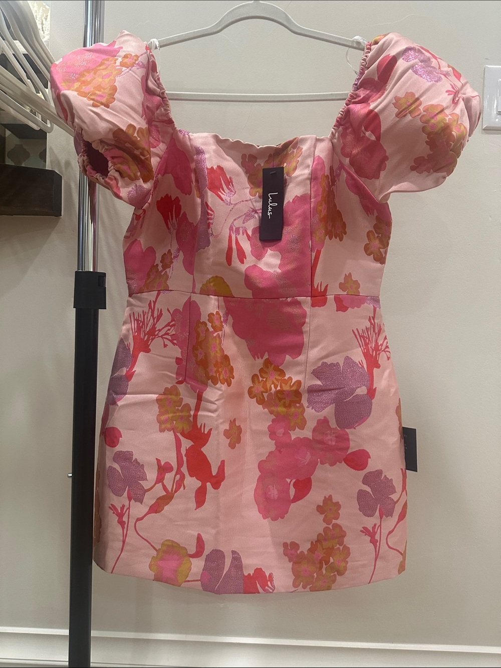 Lulus Pink Floral Puff-Sleeve Mini Dress